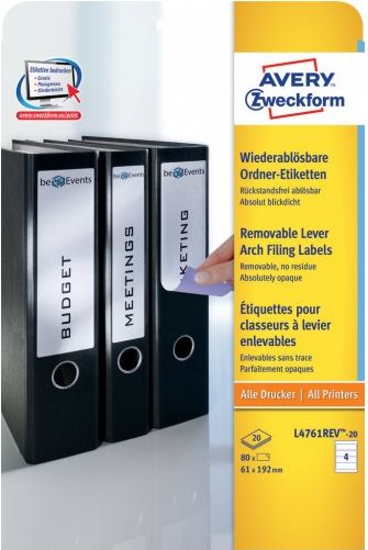 ZWECKFORM Avery Zweckform L4761 - Removable opaque file folder paper labels - weiß - 61 x 192 mm 80