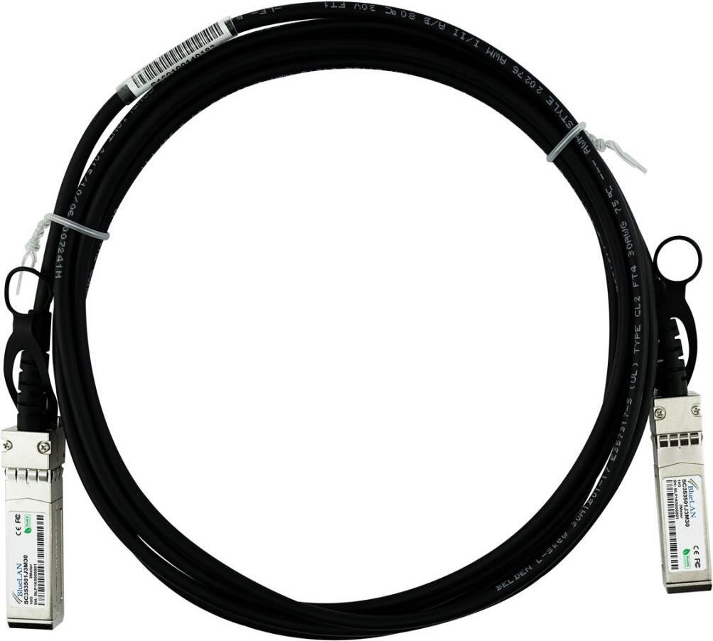 Broadcom DAC-3M-BC kompatibles Direct Attach Kabel (DAC) als passive 10 Gigabit Twinaxial Kupfer Variante, mit SFP+ auf SFP+ Verbindung, für den Anschluss von Hardware in Racks und über benachbarte Racks hinweg. BlueLAN Broadcom DAC-3M-BC kompatible SFP+ (DAC-3M-BC-BL)