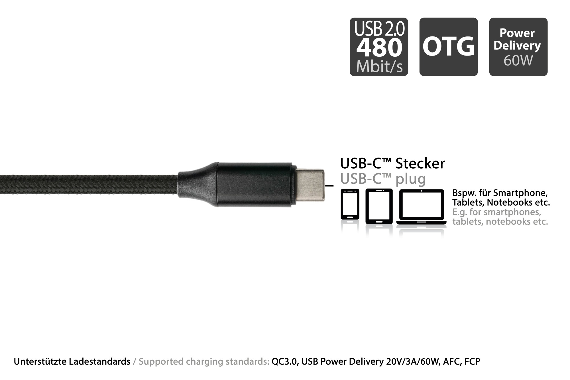 Python PY-USB002S USB-C Datenkabel 1m USB-A Adapter 60W PD Schwarz