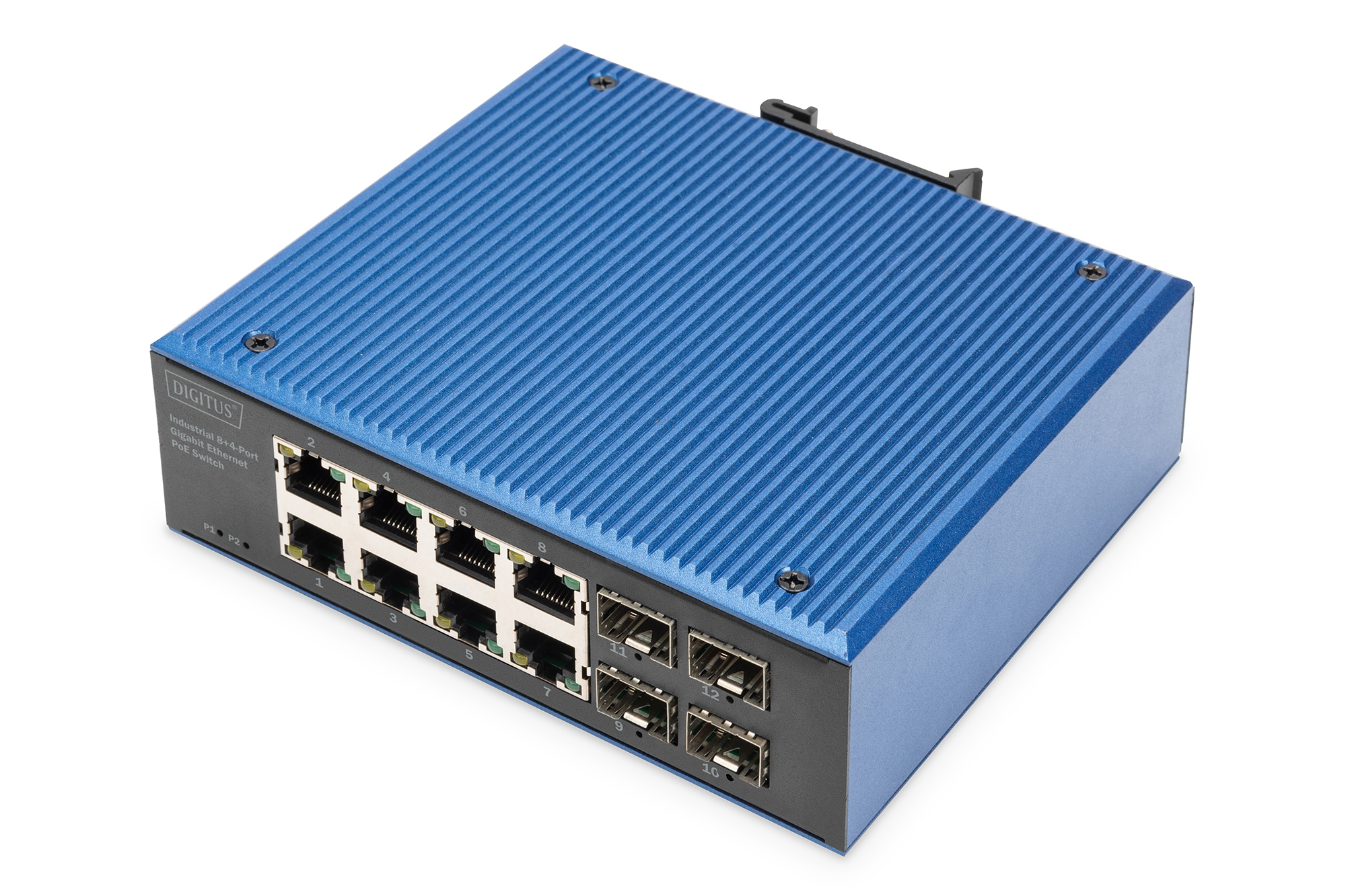 Digitus DN-651153 Industrieller 8+4-Port Gigabit Ethernet PoE Switch Schwarz, Blau