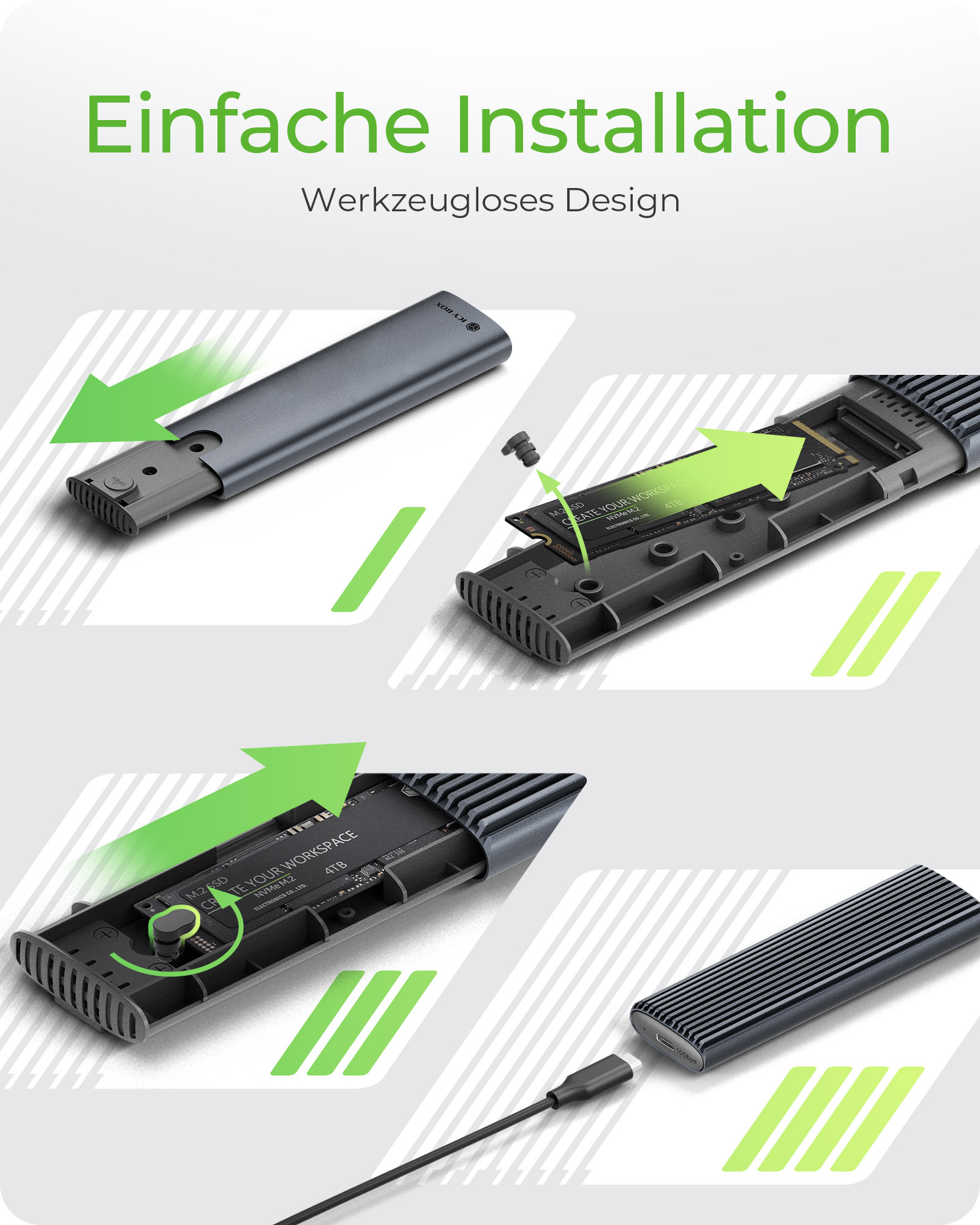 ICY BOX IB-1808MCT-CU31 M.2 NVMe & SATA SSD-Gehäuse, USB 3.1 Gen 2 Type-C/A, Werkzeuglos, Schwarz