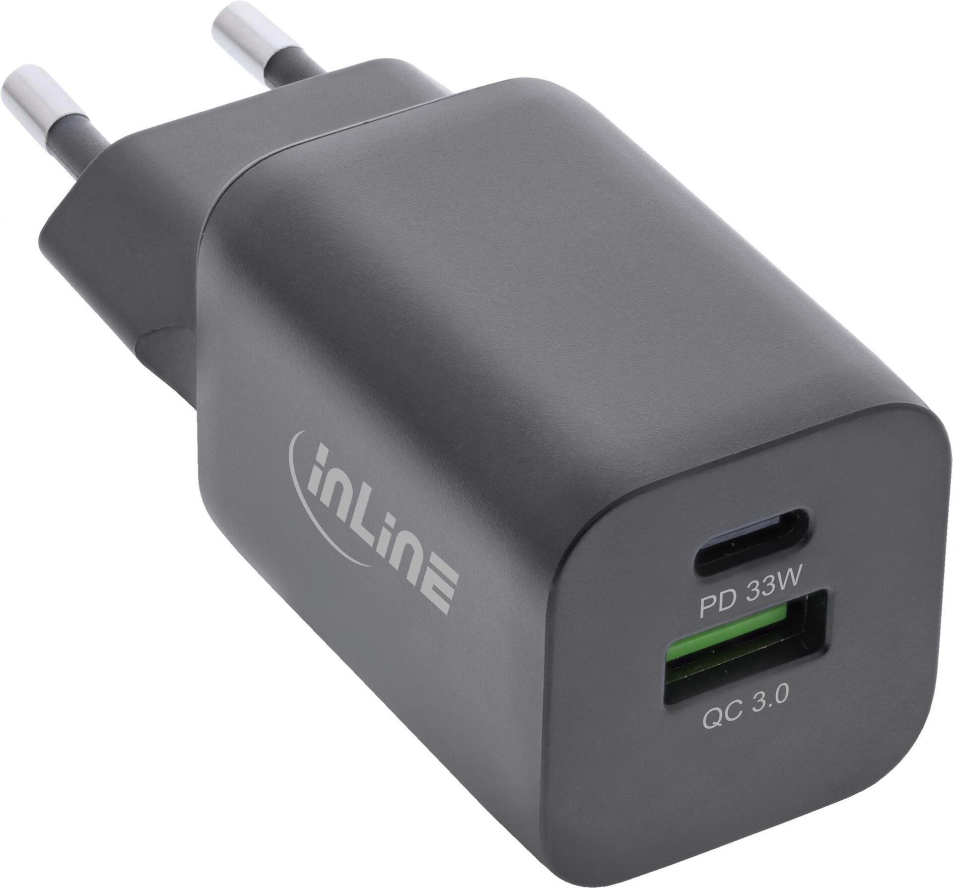 INTOS ELECTRONIC InLine USB Netzteil, Ladegerät, USB-A + USB Typ-C, 33W, Power Delivery