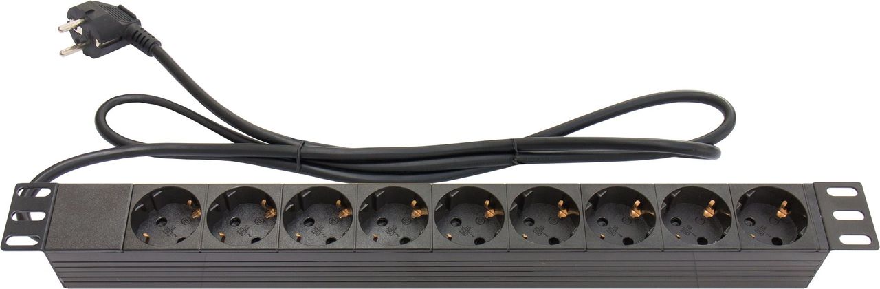 Steckdosenleiste 48,30cm (19"), 1HE, Schuko-Stecker an 9x Schuko-Buchse - Kunststoffprofil, schwarz, Good Connections® (GC-N0077)