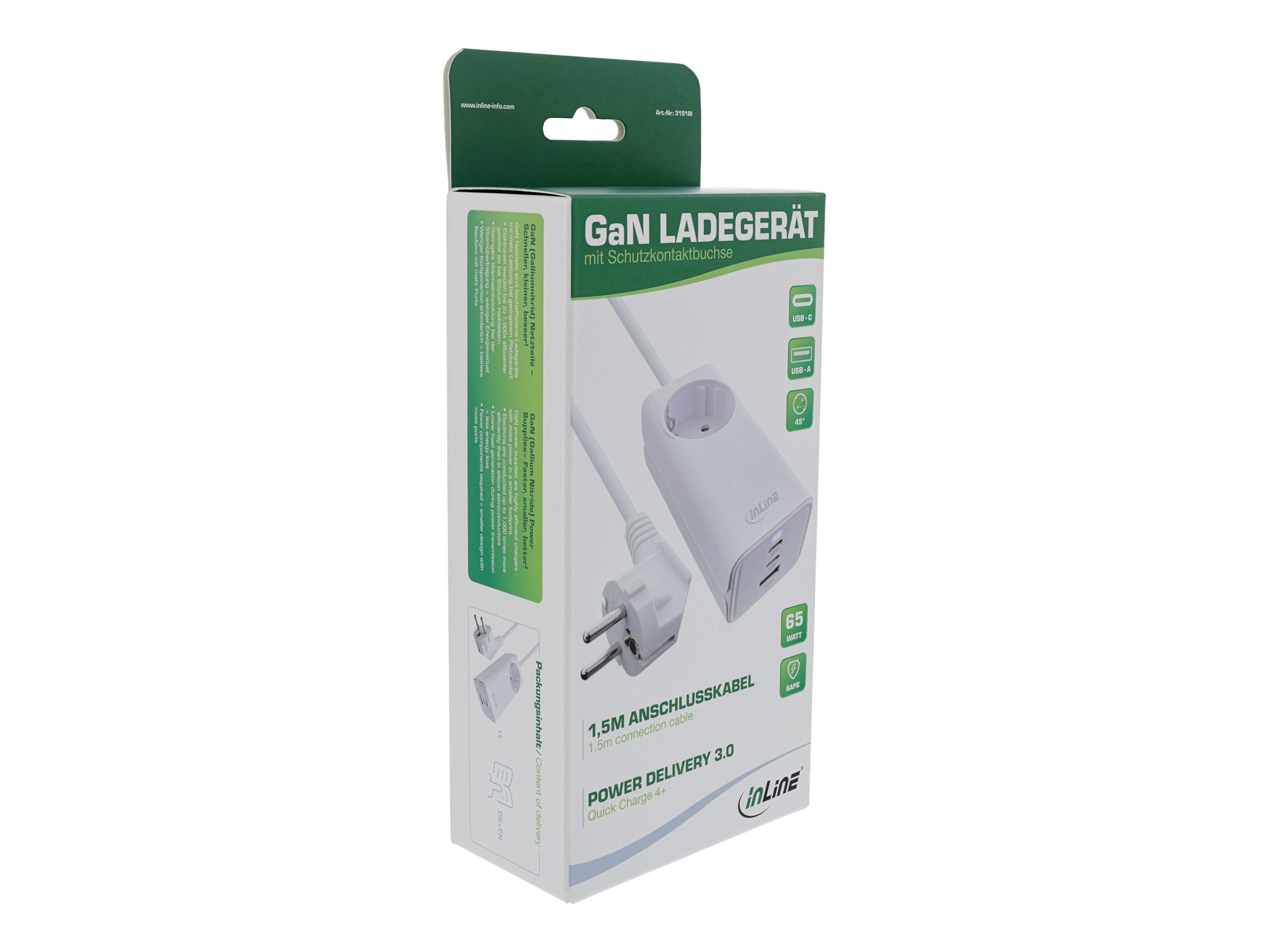 InLine GaN Ladegerät 65W 2x USB-C 1x USB-A mit Schutzkontaktbuchse Weiß