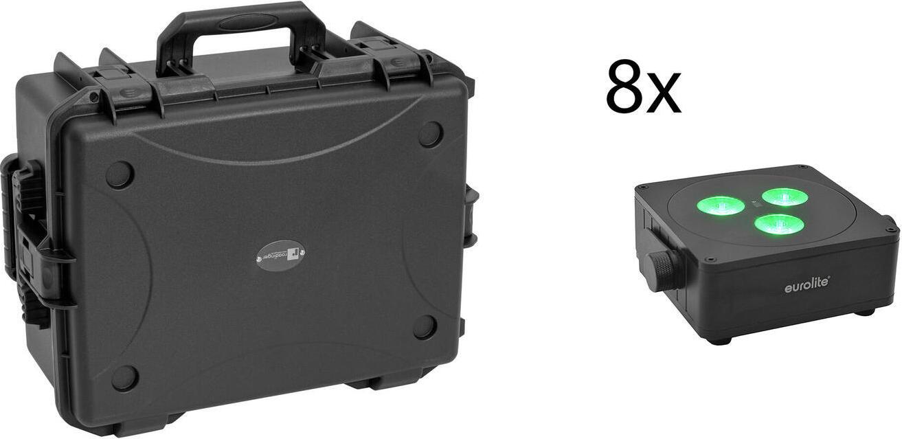 EUROLITE Set 8x AKKU IP Flat Light 3 sw IP65 LED-Scheinwerfer + Trolley-Case
