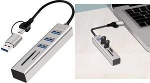 LogiLink USB 3.0 Hub mit Kartenleser, 3-Port, silber Eingang: 2-in-1 Kabel mit USB-A/USB-C Stecker (150 mm), - 1 Stück (UA0445)