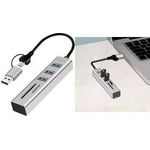 LogiLink USB 3.0 Hub mit Kartenleser, 3-Port, silber Eingang: 2-in-1 Kabel mit USB-A/USB-C Stecker (150 mm), - 1 Stück (UA0445)