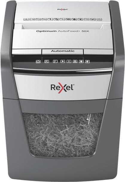 Rexel Optimum AutoFeed+ 50X Aktenvernichter Kreuzschnitt P-4 50 Blatt Schwarz, Grau