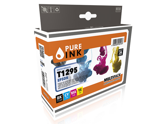 PURE INK EPST1295MP4 Tintenpatrone kompatibel EPSON T1295, 4er-Multipack 402/580/370/560 Seiten, rebuilt Schwarz/Cyan/Magenta/Gelb