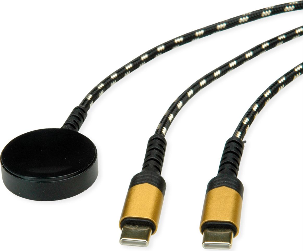 ROLINE USB Split-Ladekabel, bis 60W + Ladepad (bis 15W), für Apple-Geräte, Typ C - C, schwarz / gold, 1,2 m (11.02.8342)