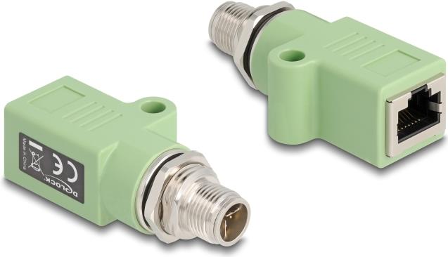 Delock M12 Adapter X-kodiert 8 Pin Stecker zu RJ45 Buchse Cat.5e mit Befestigungsloch gerade grün (60681)