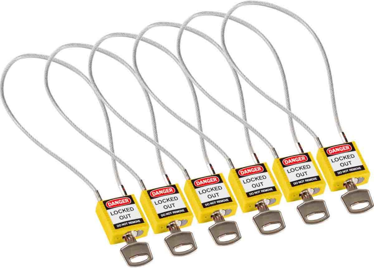 Brady, kompaktes Sicherheitsschloss Nylon mit Kabelbügel, Gelb, 400mm Kabellänge, 4,7mm PVC-beschichtetes Kabel (Keyed Different) (6er Pack) (146133)