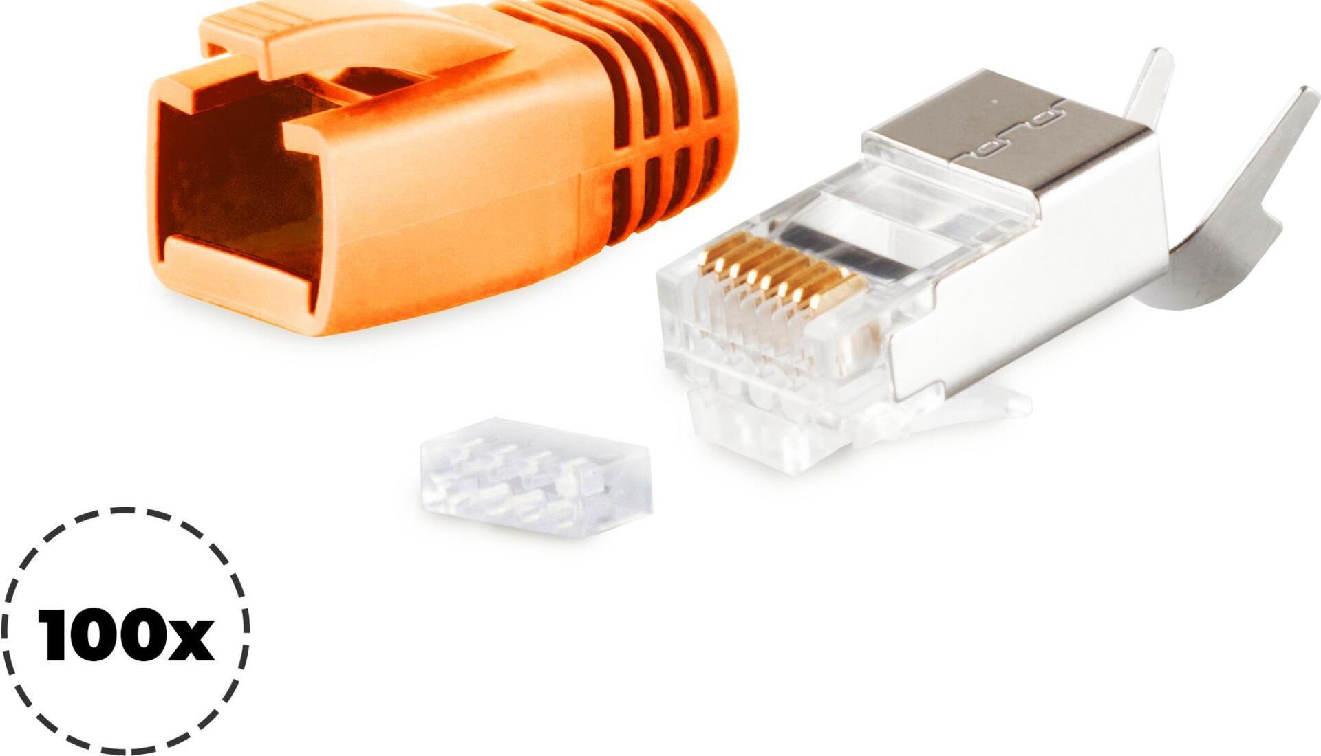 shiverpeaks ®-BASIC-S--Netzwerk Modular Stecker RJ45 SET für Verlegekabel bis AWG 23, Stecker mit Zugentlastung, Einführhilfe und Tülle, Orange VE 100 (BS72067-100O)