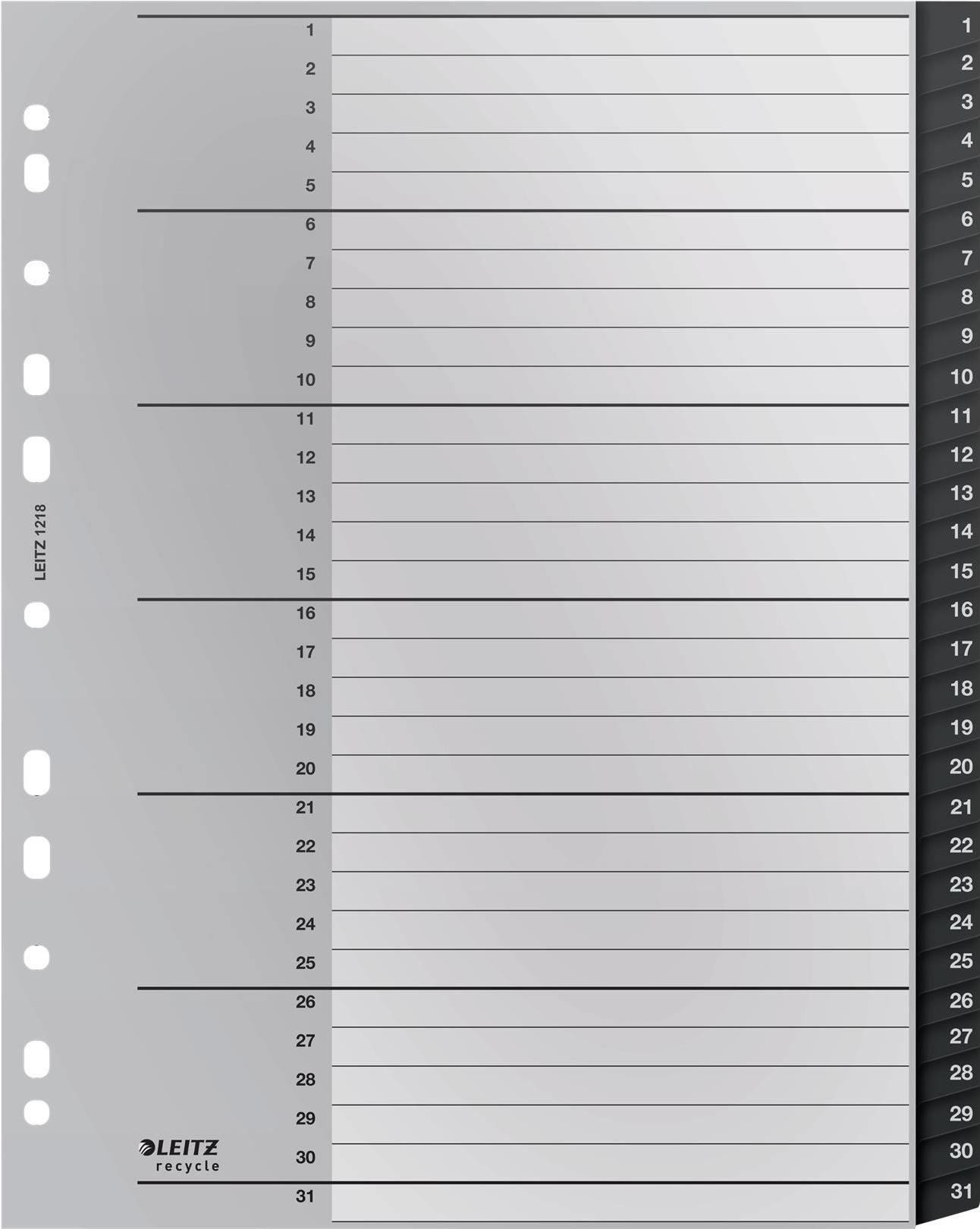 Leitz Recycle 12180000 Tab-Register Numerischer Registerindex 1-31 A4 Maxi 31-teilig Schwarz, Weiß