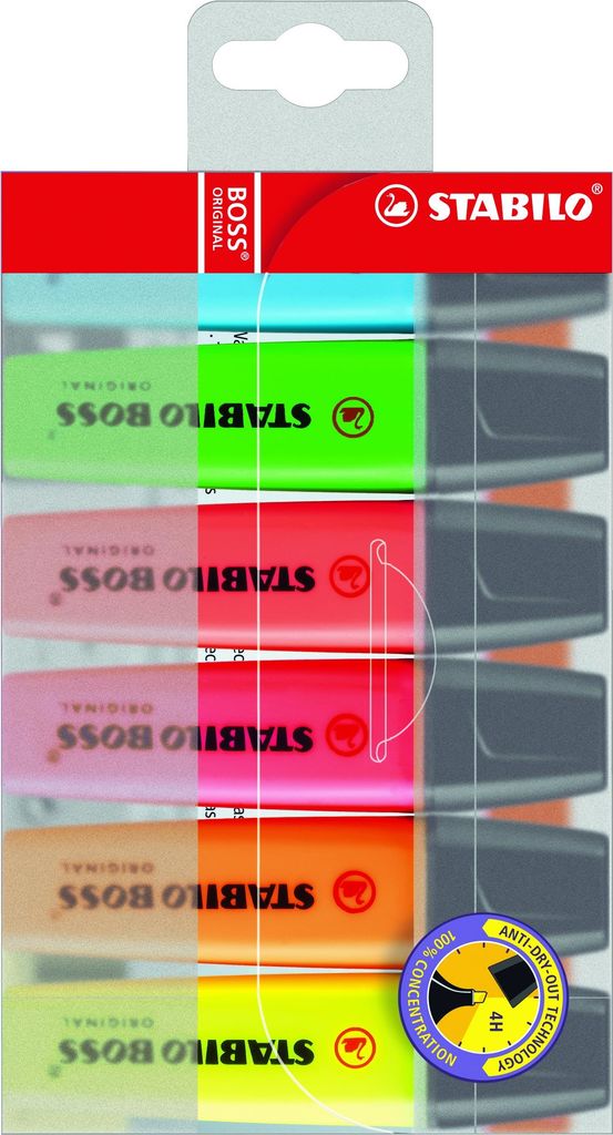 STABILO BOSS ORIGINAL Textmarker, 6er PET-Etui, Keilspitze 2–5 mm, Mehrfarbig