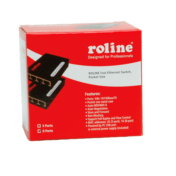 ROLINE Pocket Fast Ethernet Switch, 8 Ports, Unmanaged, Desktop