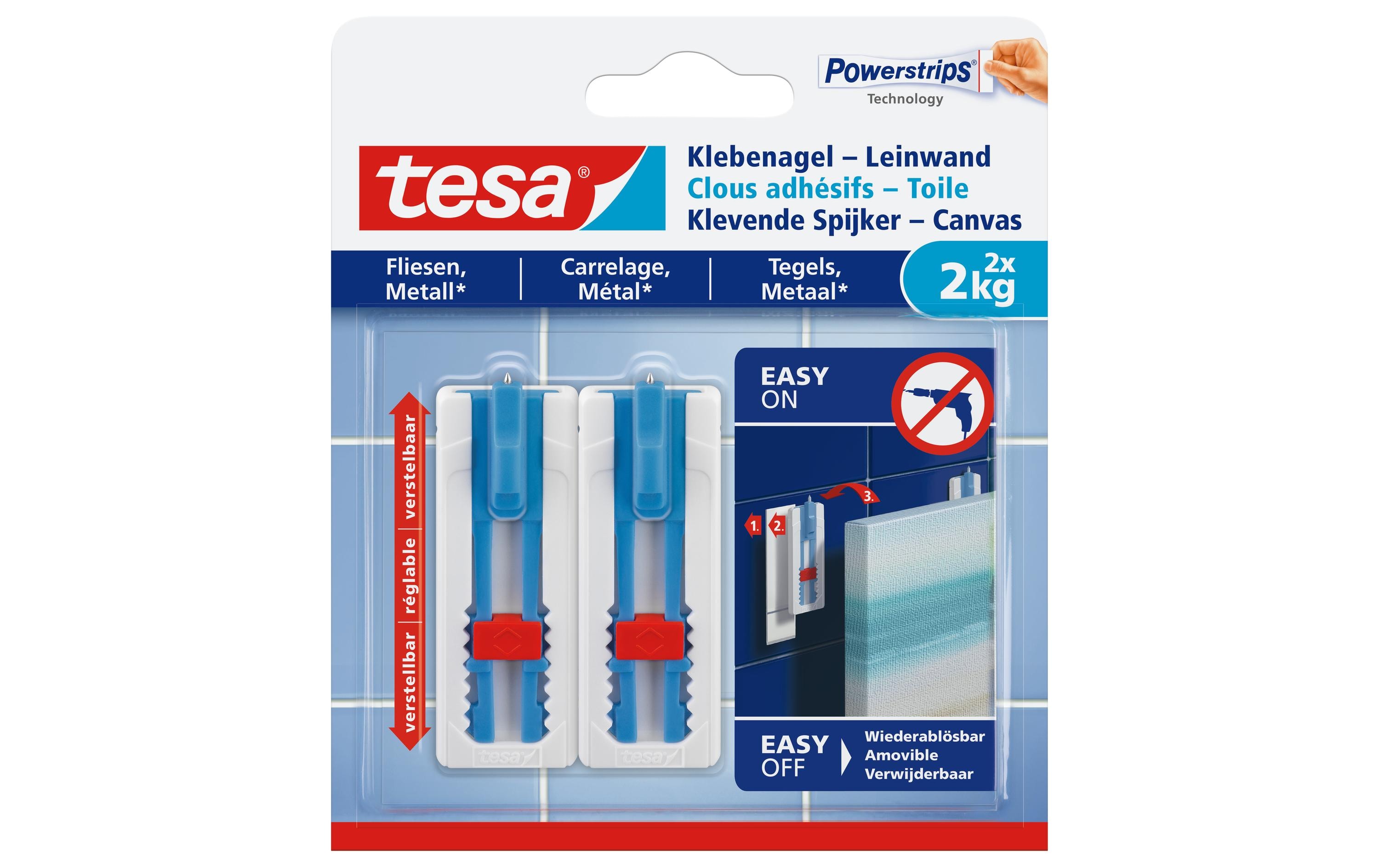 tesa Powerstrips Klebenagel für Fliesen & Metall 2 kg, höhenverstellbar, Blau/Weiß