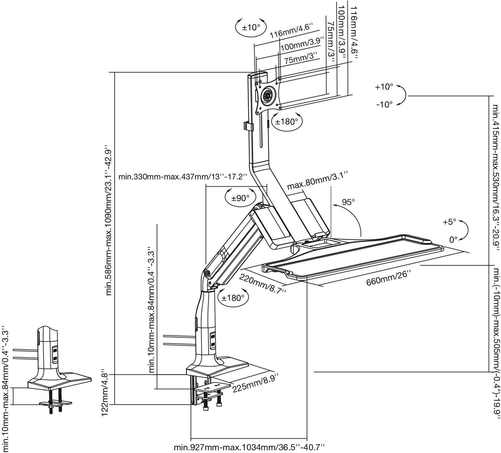 InLine Workstation-Tischhalterung mit Lifter und USB 3.0, beweglich, für Monitor 17"–32", max. 9 kg, Schwarz