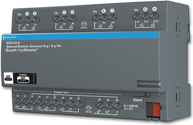 Busch-Jaeger 6251/8.8. Produkttyp: Schaltaktor, Befestigungstyp: DIN-Schienenmontage, Anzahl Kanäle: 8 Kanäle. Energiequelle: Gleichstrom, Maximale Schaltleistung: 1380 W, Eingangsspannung: 21 - 30 V. Breite: 144 mm, Tiefe: 64,5 mm, Höhe: 90 mm (8748926)