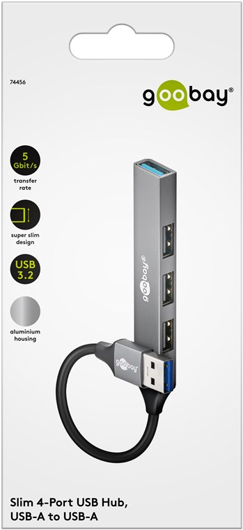 goobay Slim 4-Port USB-Hub, USB-A auf USB-A, USB 3.2, Aluminiumgehäuse, Hellgrau