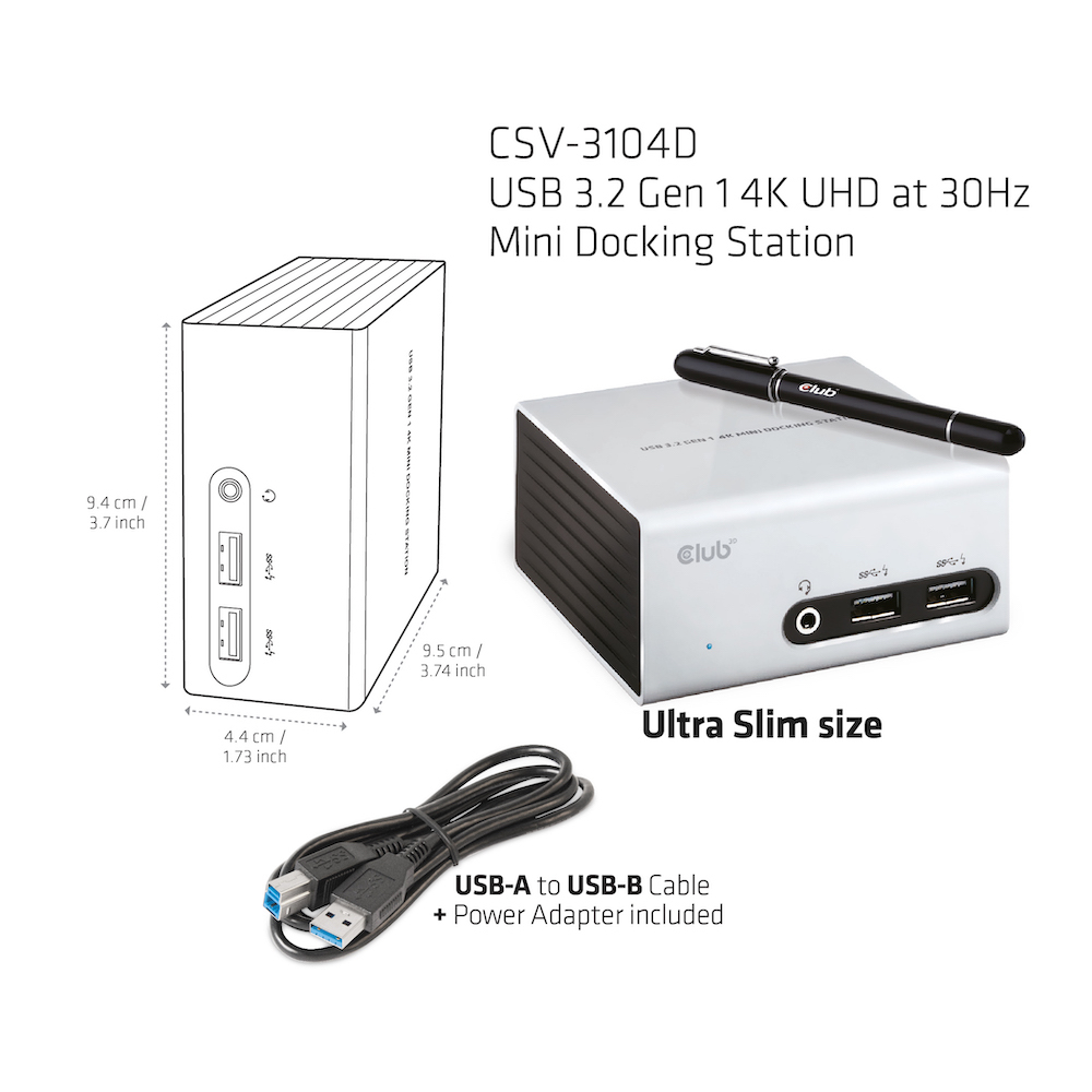 Club 3D SenseVision USB 3.0 4K Mini Docking Station Schwarz, Silber