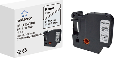 Schriftband Renkforce RF-LT-D40910 Kompatibel ersetzt DYMO D1 - 40910 9 mm Bandfarbe: Transparent Schriftfarbe: Schwarz 7 m (RF-6027842)