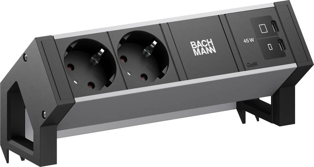 Bachmann DESK2 ALU Black Tischanschlussleiste 2x CEE7/3 1x USB-C/C 45W schwarz RAL9005