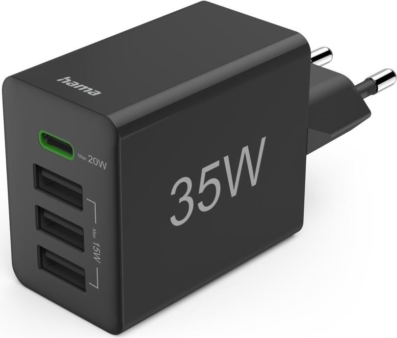 Hama Schnellladegerät, 1x USB-C PD, 3x USB-A, Mini-Ladegerät, 35W, Schwarz (00201990)