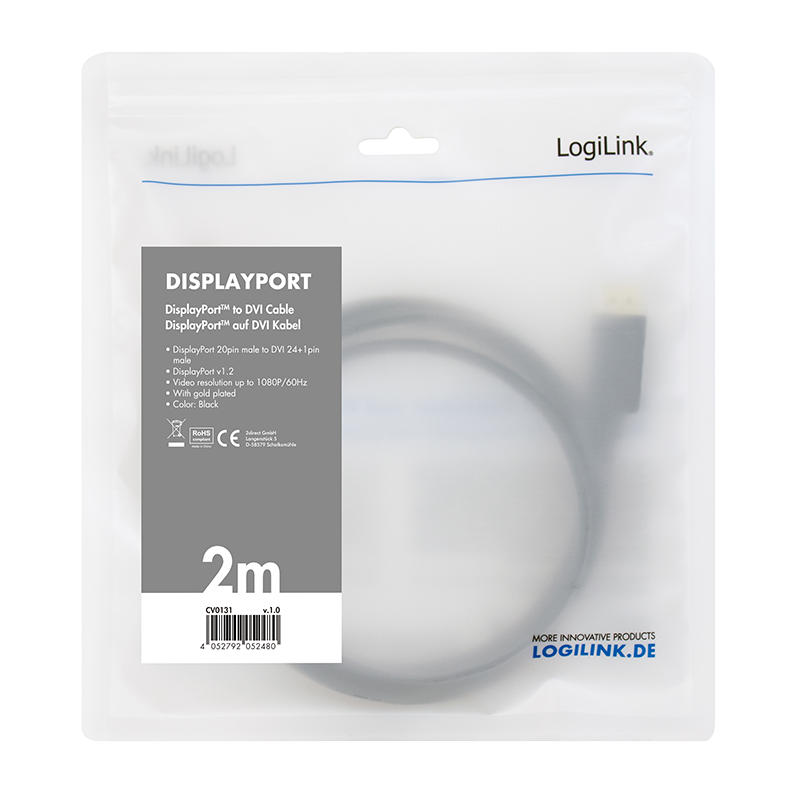 LOGILINK DisplayPort-Kabel DP 1.2 zu DVI 1.2 3,0m schwarz