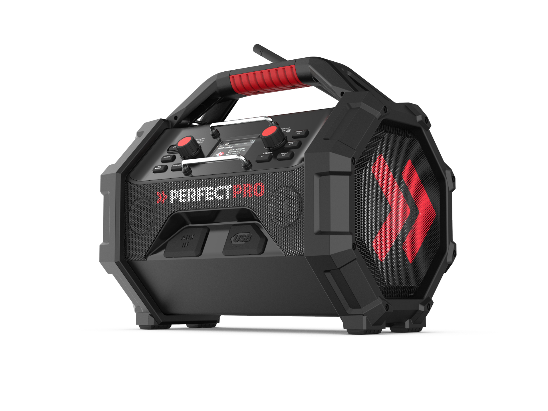 PerfectPro Rocktagon OCT-18V Baustellenradio DAB+ FM Bluetooth 30W IP65 Schwarz Rot