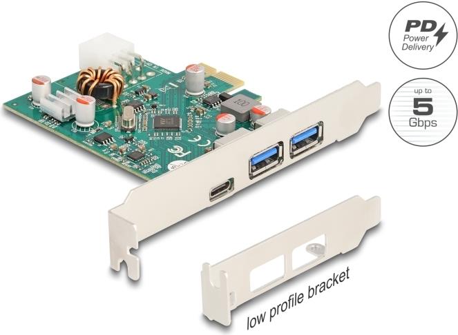 Delock PCI Express x1 Karte zu 1 x extern USB Type-C Buchse PD 30 W+ 2 Typ-A (90229)