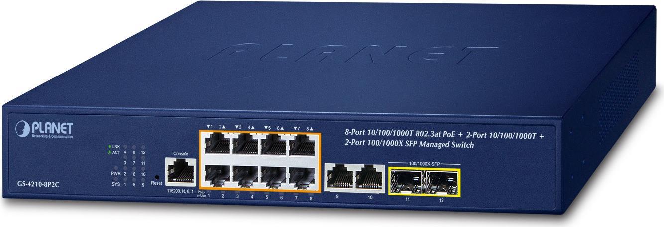 PLANET IPv4/IPv6 - 8-Port Managed L2/L4 Gigabit Ethernet (10/100/1000) Power over Ethernet (PoE) 1U Blau (GS-4210-8P2C)