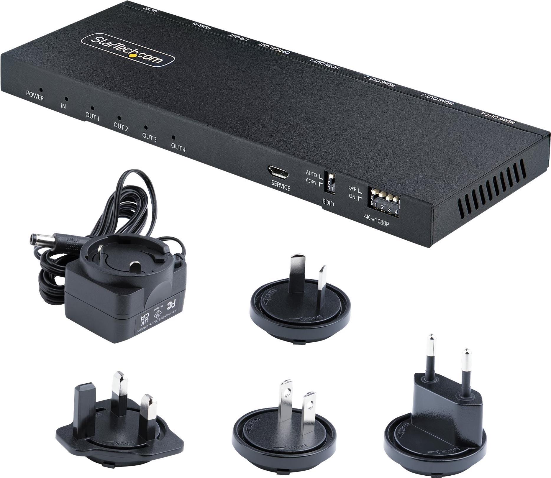 StarTech.com 4-Port HDMI Splitter, 4K 60Hz HDMI 2.0 Video, 2,50cm (1") 4 Out HDMI Splitter, 4K HDMI Splitter w/Built-in Scaler, 3.5mm/Optical Audio Port, Durable Metal Housing, HDR/HDCP (HDMI-SPLITTER-44K60S)