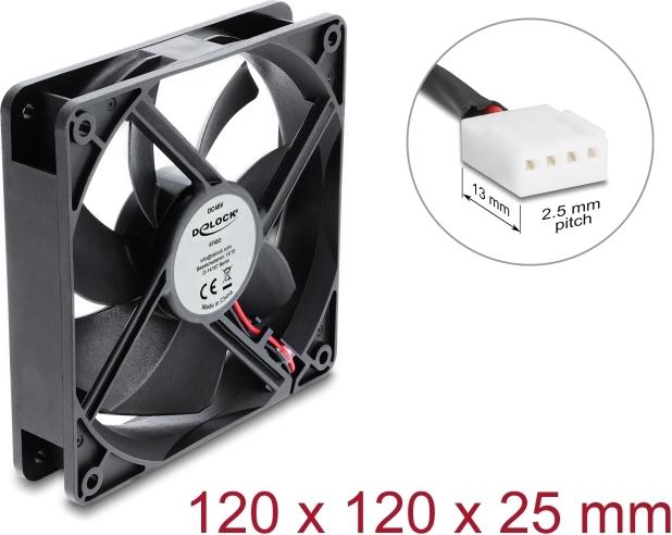 Delock Axiallüfter 48 V DC, 120 x 120 x 25 mm mit 4 Pin PWM Lüfteranschluss schwarz (67453)