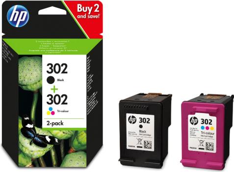 HP 302 2er-Pack Schwarz, farbstoffbasiert dreifarbig (X4D37AE#301)