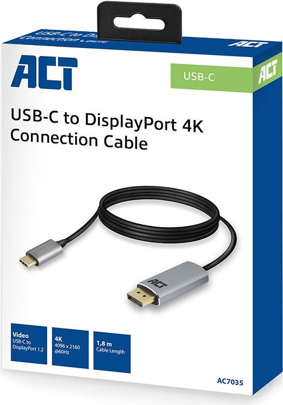 ACT USB-C to DisplayPort male connection cable, 4K @ 60Hz, cable length 1.8m, aluminium housing USB-C -DISPLAY PORT M. 1.8M 4K (AC7035)