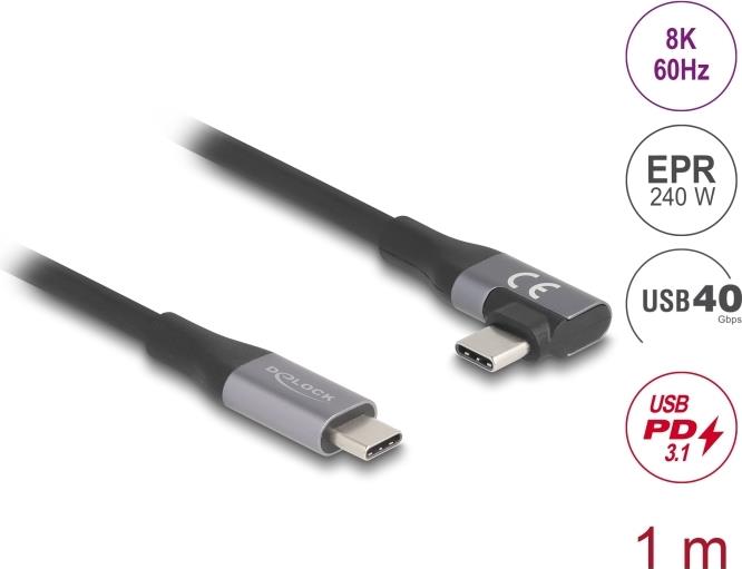 Delock USB 40 Gbps Kabel gewinkelt links / rechts USB PD 3.1 Extended Power Range 240 W 1 m (81131)