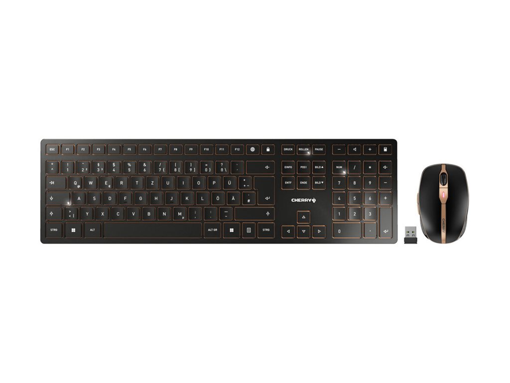 CHERRY DW 9100 SLIM Tastatur-und-Maus-Set Kabellos 2.4 GHz Bluetooth IT Schwarz, Bronze