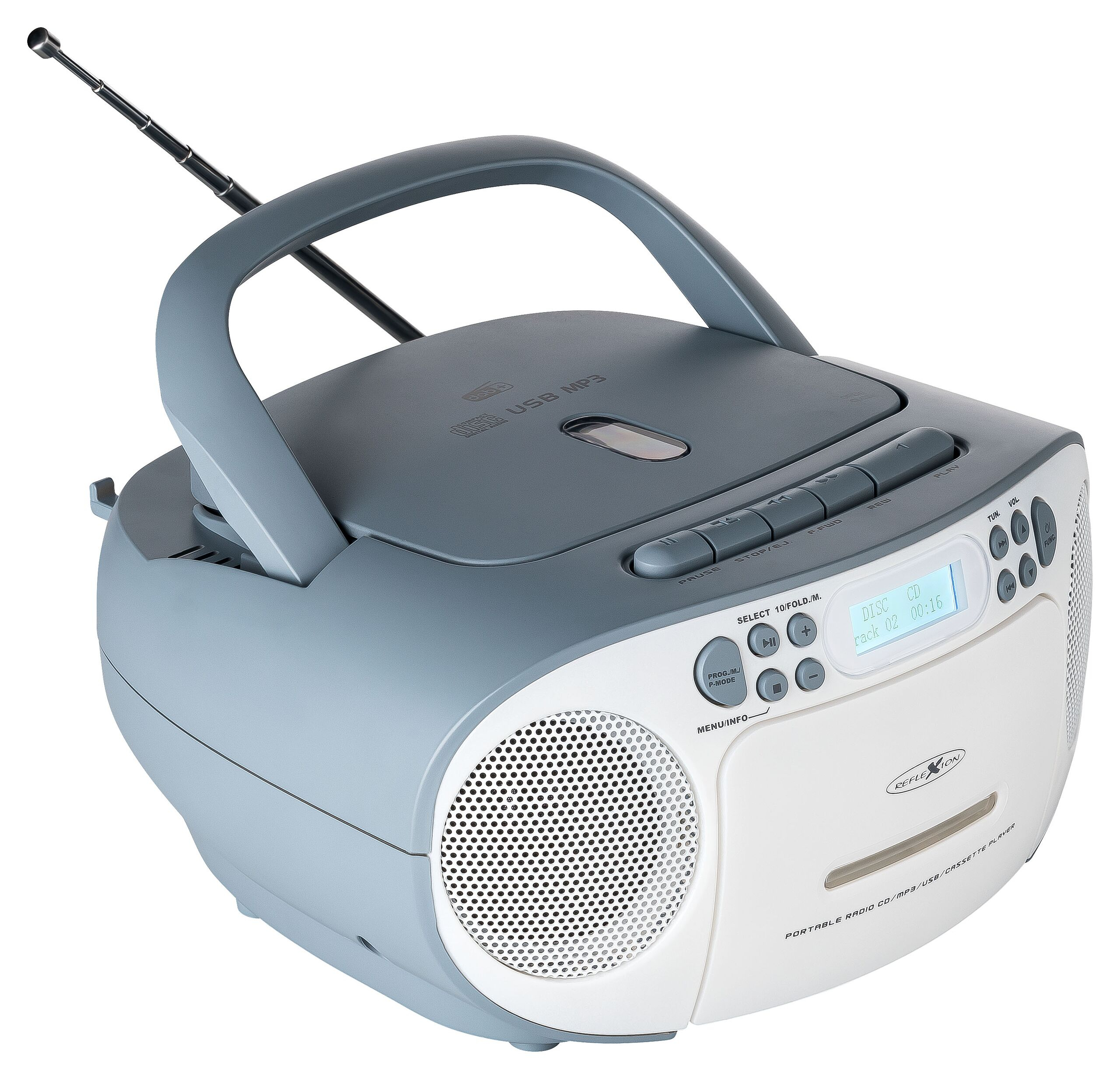Reflexion RCR2260DAB Tragbarer Radiorecorder DAB+ UKW CD Kassette USB AUX 24 W Blau, Weiß