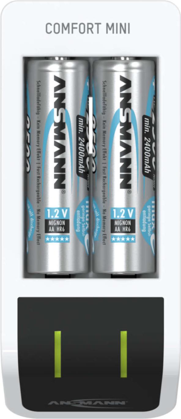 Ansmann Comfort Mini USB-Batterieladegerät inkl. 2 AA Akkus 2100 mAh Schwarz, Weiß