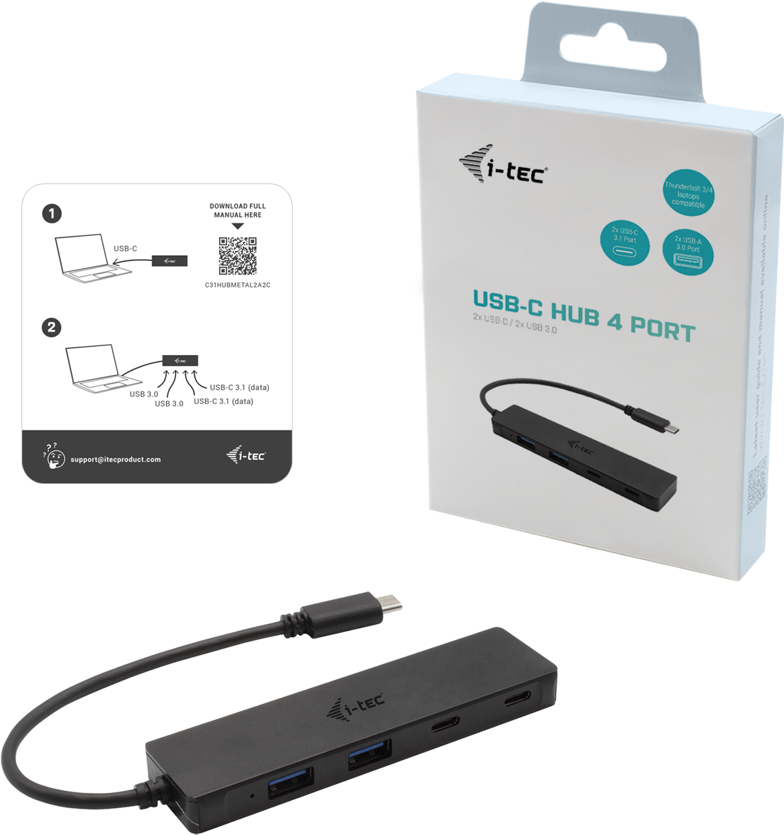 i-tec C31HUBMETAL2A2C Metal USB-C Hub 2x USB 3.0 + 2x USB-C Schwarz