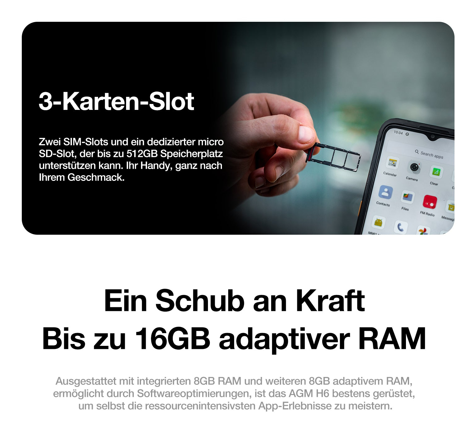 AGM H6 Outdoor-Smartphone 6,56" HD+ 8 GB RAM 256 GB Schwarz