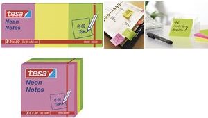 TESA Neon Notes Haftnotizen, 75 x 75 mm, 3-farbig in den Farben je 2 x pink, gelb, grün, 80 Blatt -