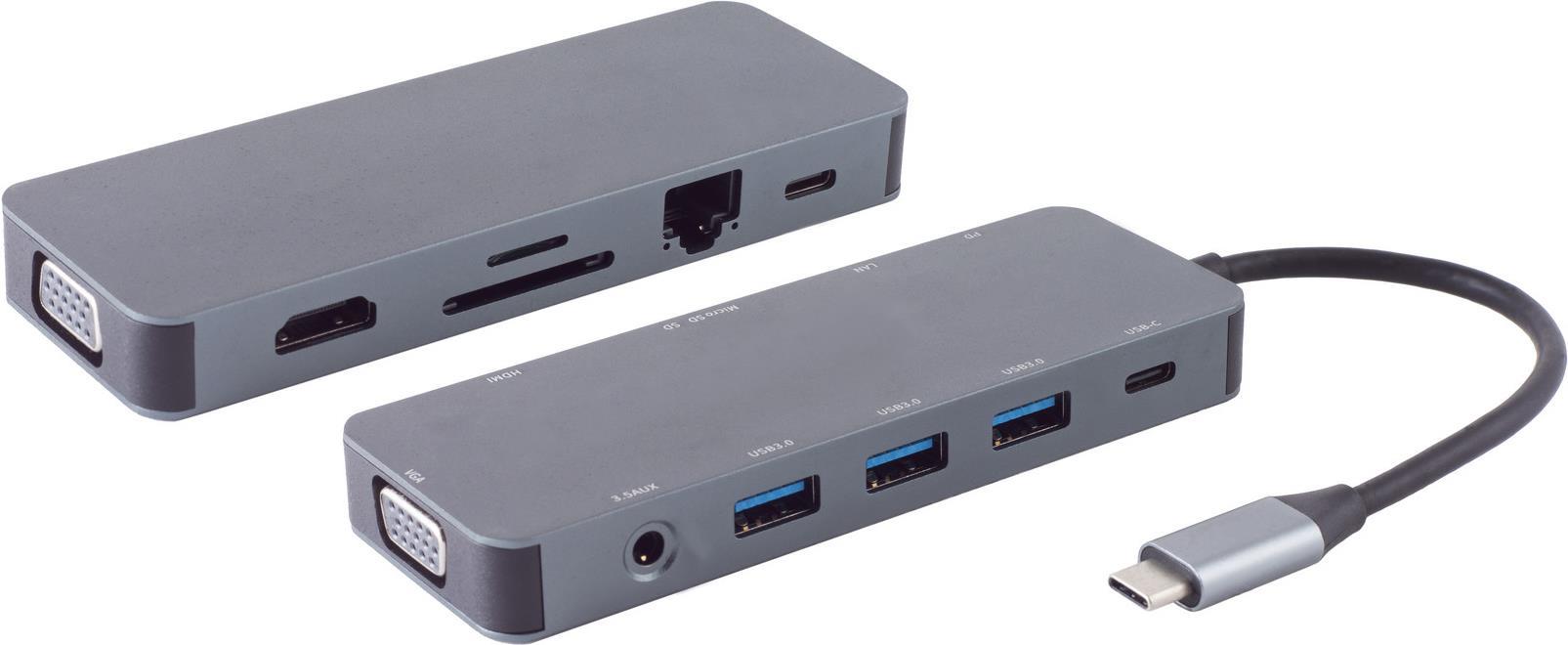 S/CONN maximum connectivity USB-DOCK--USB-C multiport Dockingstation, 11in1, HDMI, VGA, PD, Hub, SD, LAN, AUX (14-05028)