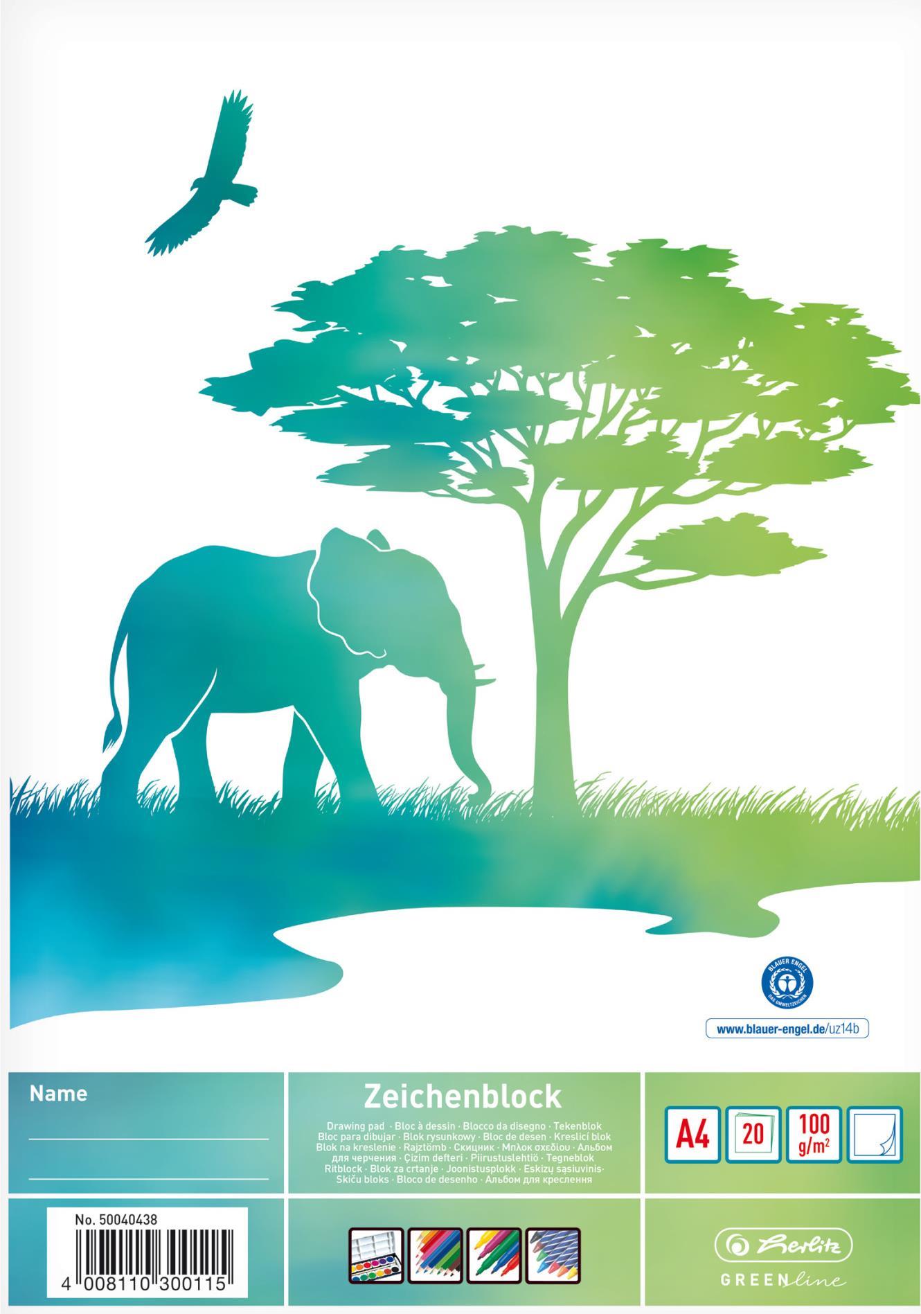 Herlitz Zeichenblock A4 GREENline Elefant 20 Blatt (50040438)