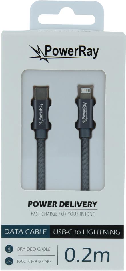 PowerRay Data Cable PR-DCCL020TGY, USB-C / LIGHTNING, 0.2m Textile grey, Blister (PR-DCCL020TGY)