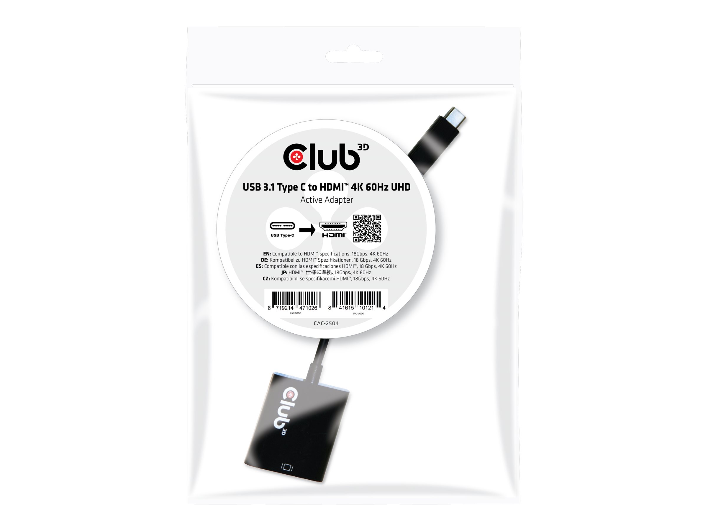 Club 3D CAC-2504 USB 3.1 Typ-C auf HDMI 2.0 UHD 4K 60 Hz Aktiver Adapter Schwarz