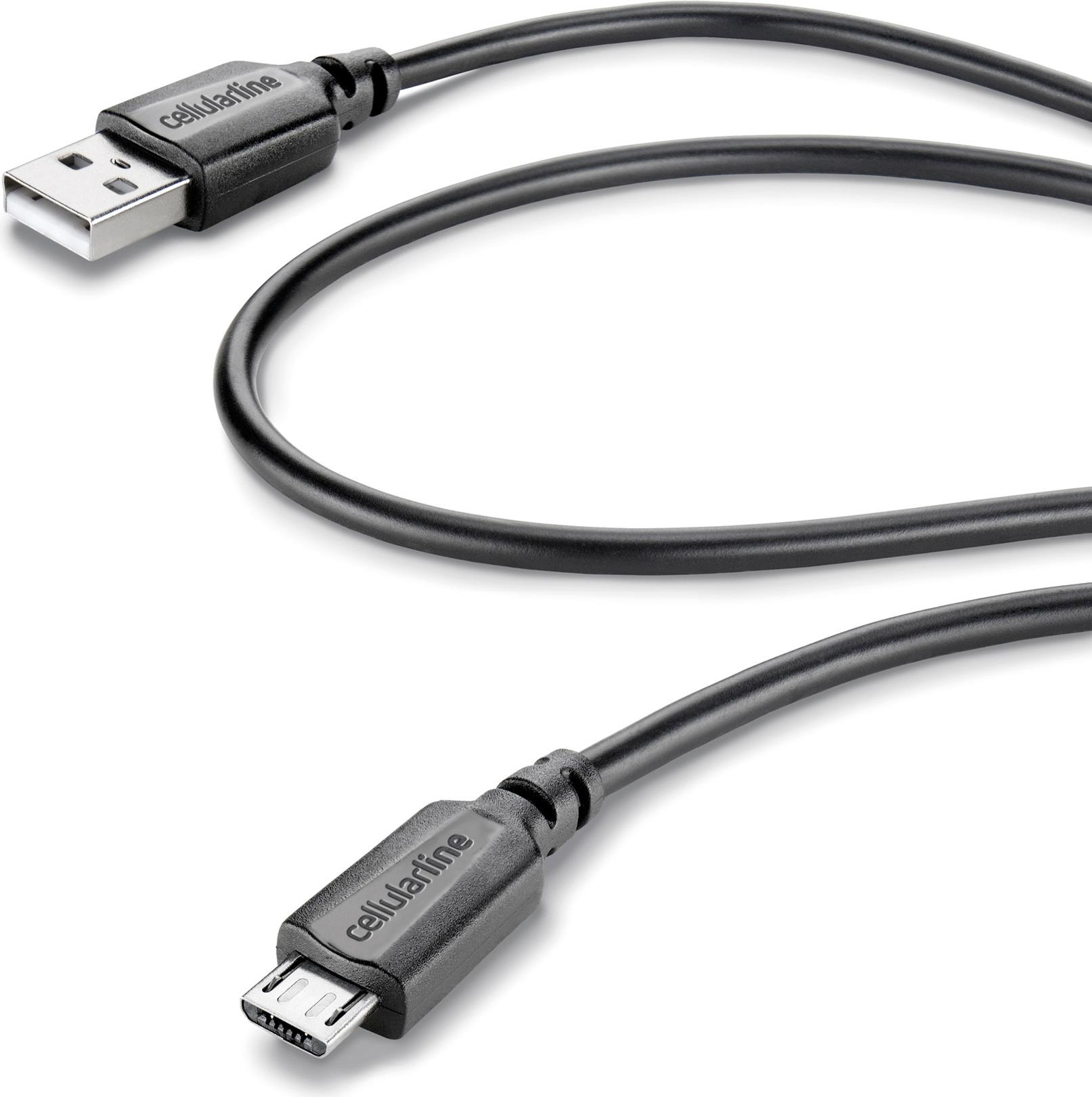 Cellularline Micro-USB - USB A 1m M/M. Kabellänge: 1,15 m, Anschluss 1: USB A, Anschluss 2: Micro-USB B, USB-Version: USB 2.0, Steckerverbindergeschlecht: Männlich/Männlich, Maximale Datenübertragungsrate: 480 Mbit/s, Produktfarbe: Schwarz (60333)