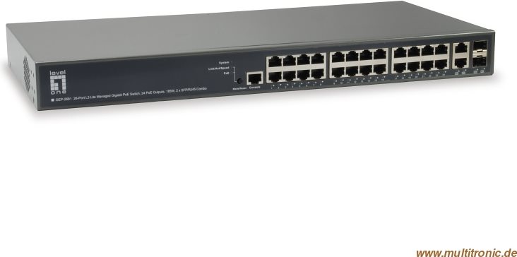 26-Port L3 Lite Managed Gigabit PoE+ Switch, 24x PoE+, 185W, 2 x1G SFP/RJ45 Hersteller: LEVELONE (GEP-2681)