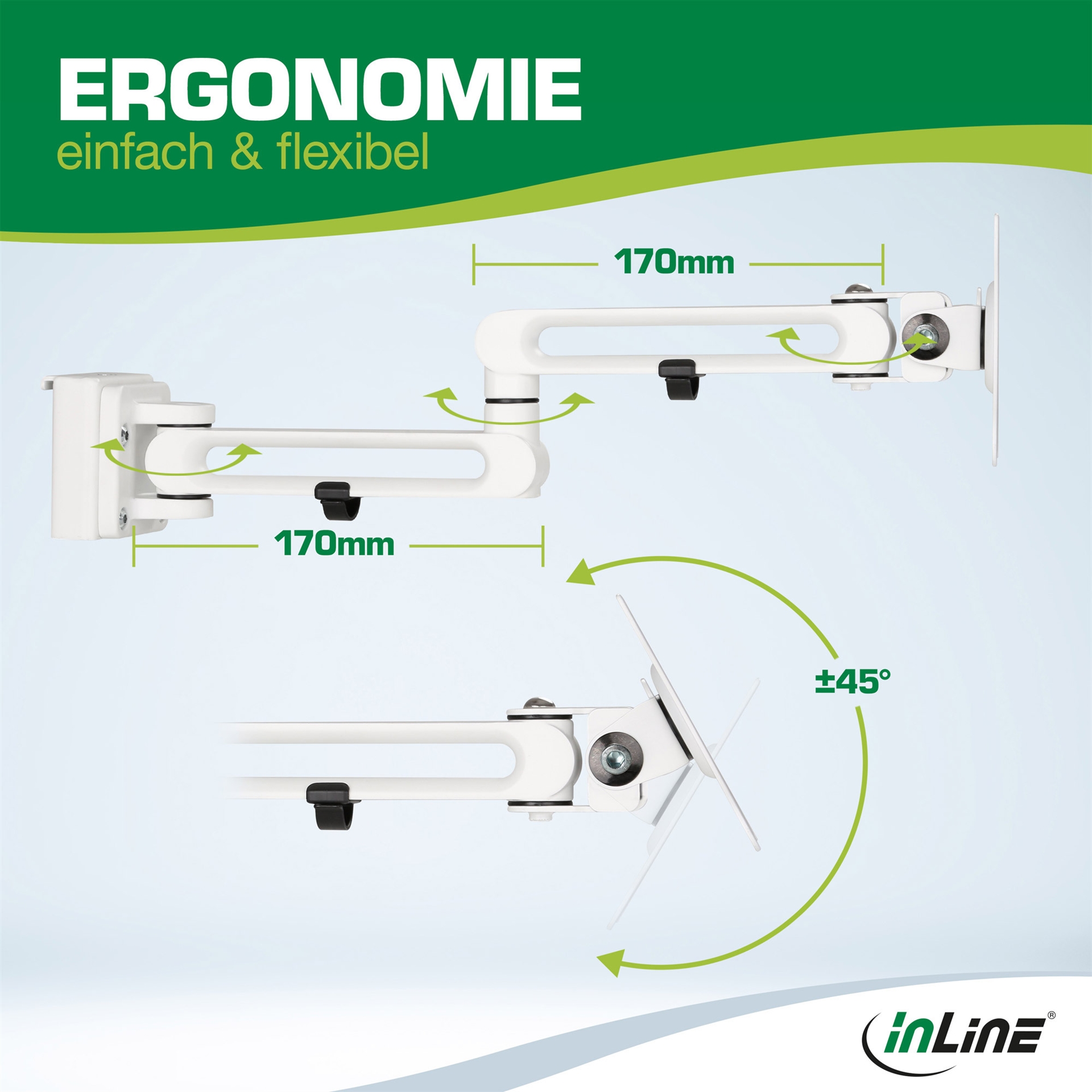 InLine Slatwall Monitorhalterung lang für 17"–32" VESA 75x75/100x100 mm 8 kg Weiß